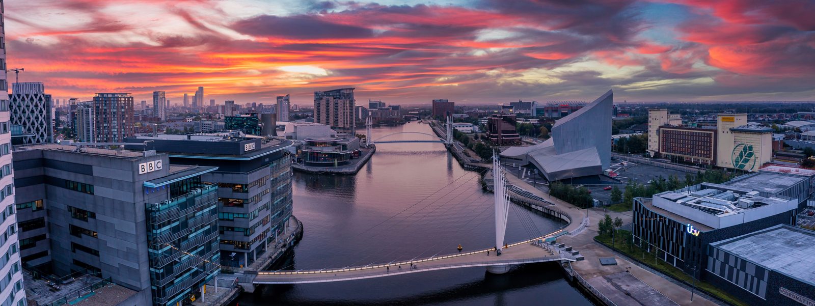 MediaCity and the Manchester Ship Canal at dusk, on the Salford and Trafford waterfront
